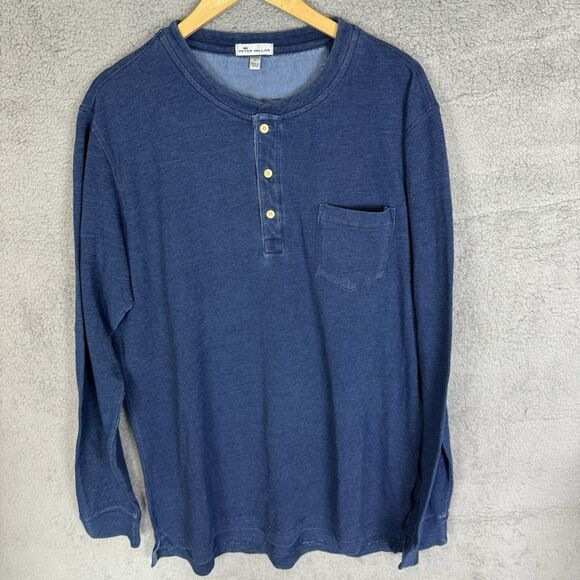 Peter Millar Henley Shirt Mens Large Blue Long Sleeve Cotton - Picture 1 of 8